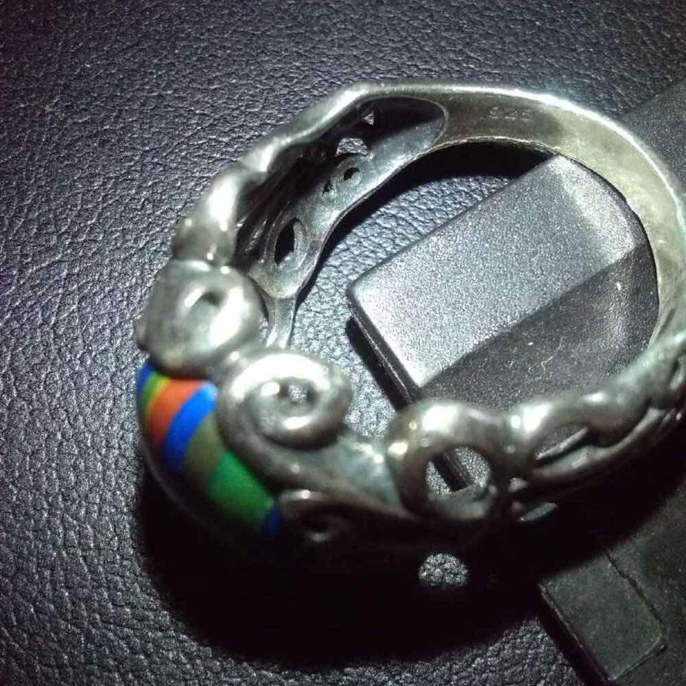 Sterling Ring Sz 8 Rainbow Calsilica Cabochon 925 Vintage - Picture 5 of 8